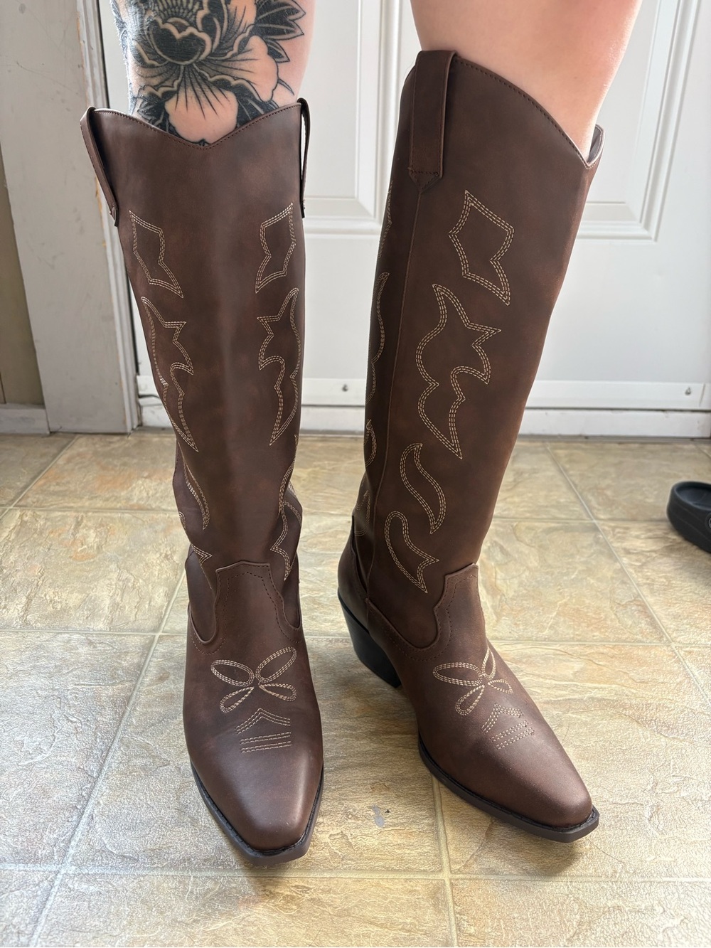 Harlow Brown Western Knee-High Heeled Boots